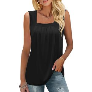 KTILG Summer Sleeveless Square Neck Tops Flowy Pleated Tunic Tank Tops for Women Loose Fit S-3XL… (Black, L)