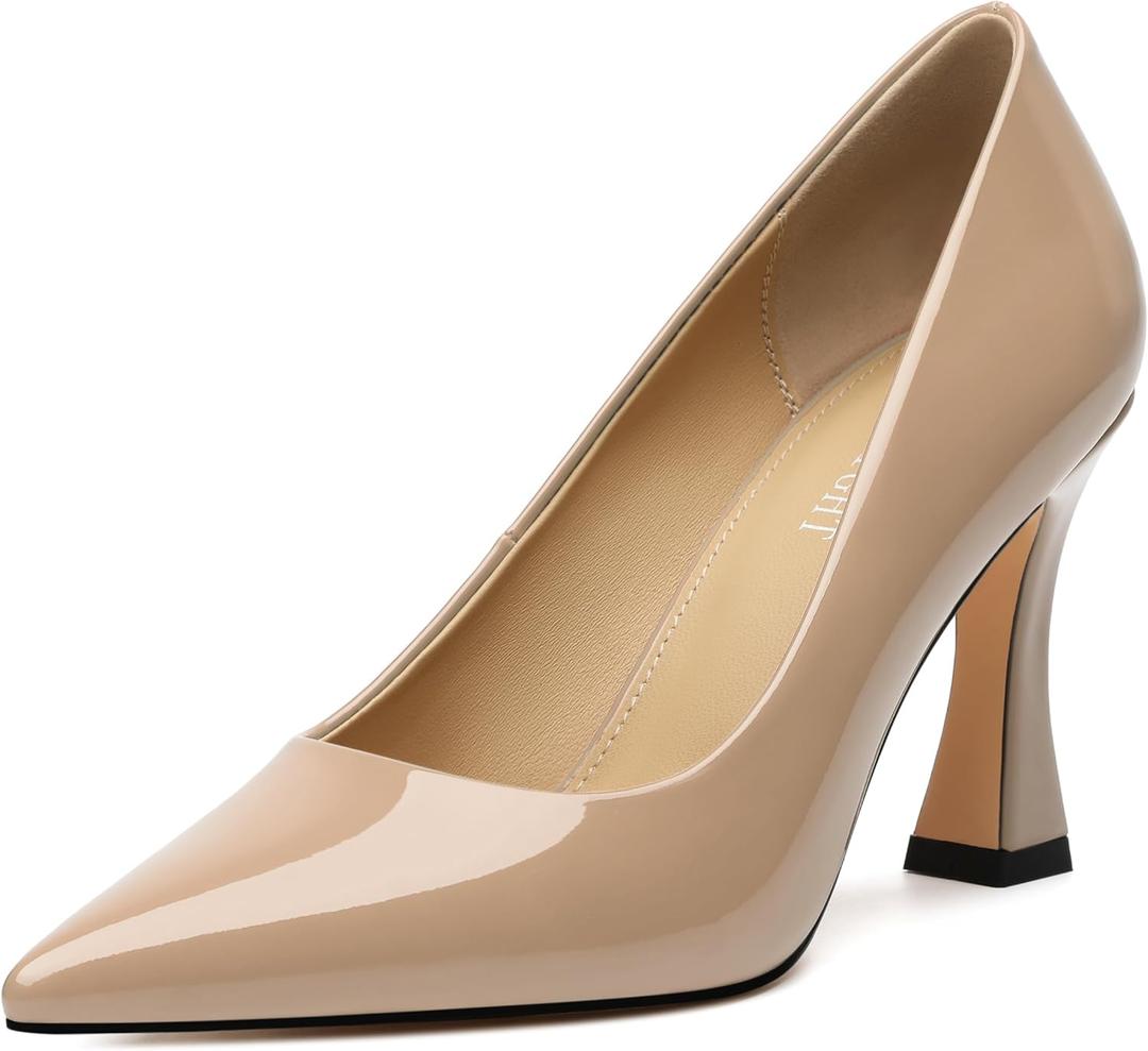 AMBELIGHT Women's Pumps Closed Pointed Toe High Heels Classic Slip On Pumps Sexy Patent Leather Stiletto Heels 3 Inch Wedding Bride Formal Dress Heel Shoes for Women (8.5, Nude)