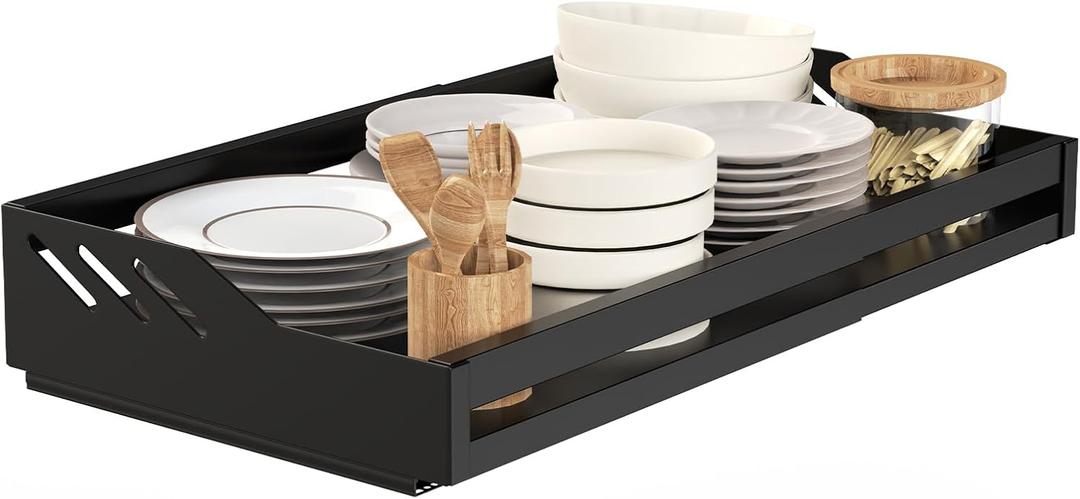 Yawinhe Pull Out Drawers for Cabinets, Fixed with Nano Adhesive Film, Expandable Organizer, Heavy Duty Pantry Shelve for Home, Kitchen, 15.4-23.6''Lx12.6''Wx4.2''H, Black