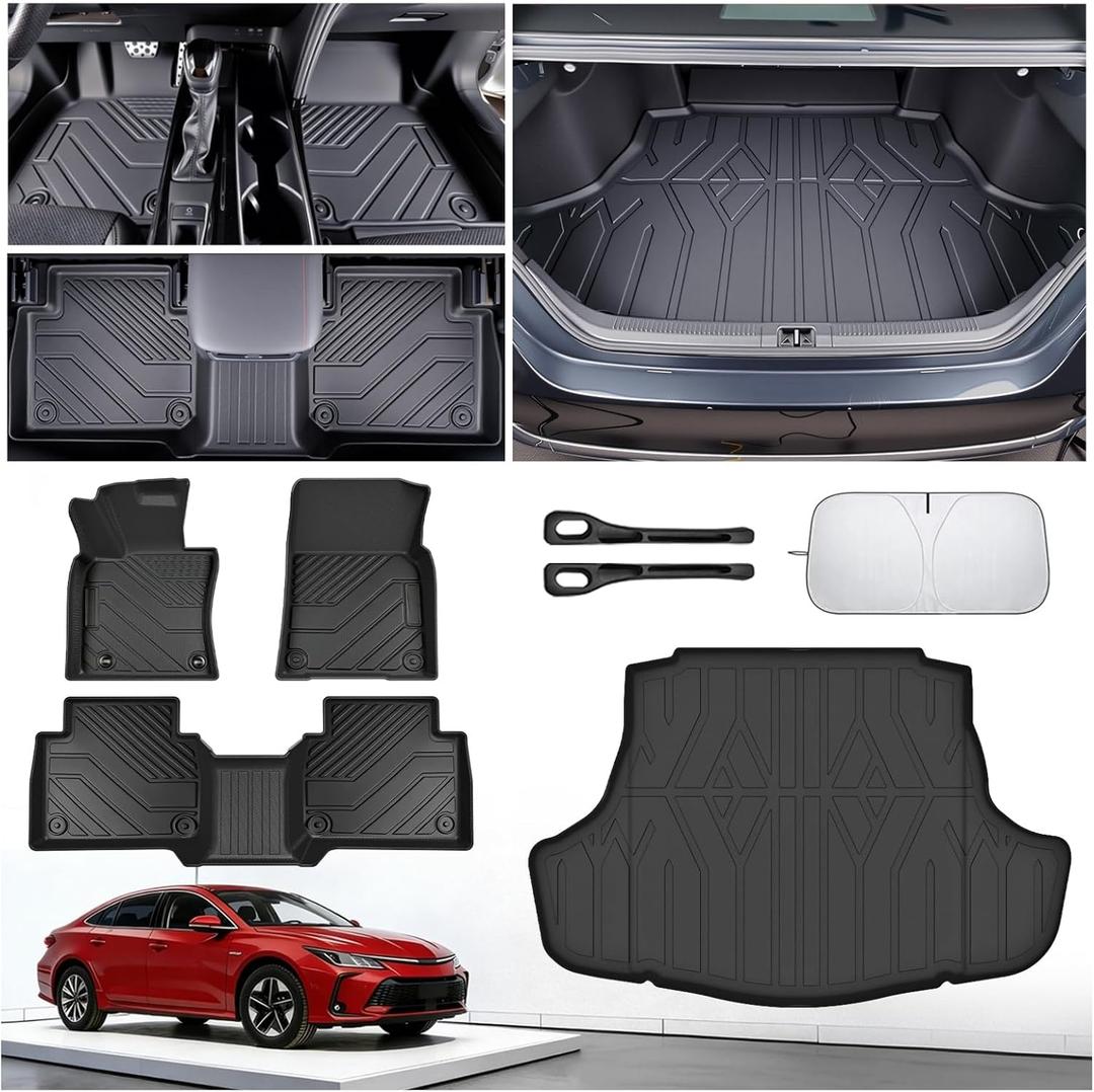 Floor Mats for Toyota Camry 2018-2022 2023 2024 (Not for Hybrid or AWD), All Weather Protection Custom Floor Mats Trunk Cargo and Car Windshield Cover Set Car Accessories,Car Floor Liners Set