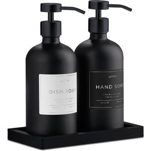 Glass Soap Dispenser Set of 2 (Black) with Silicone Tray | Hand and Dish Soap Dispenser for Kitchen and Bathroom | 16.8 Oz Glass Bottles with Stainless Steel Pump & 15 Waterproof Labels (Black)