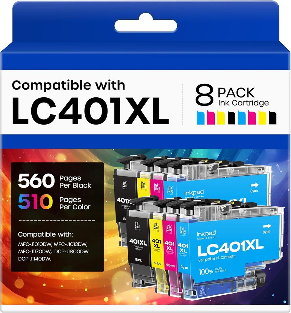 iNKPAD LC401XL LC401 Ink Cartridges Compatible with Brother LC401XL LC401 XL LC-401 Ink Cartridges Replacement for Brother MFC-J1010DW MFC-J1012DW MFC-J1170DW MFC-J1800DW Printer (8 Pack, BK/C/M/Y)