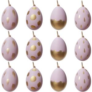 DN DECONATION 12-Piece Easter Egg Hanging Ornaments Set, Light Purple Plastic Eggs with Gold Brushstroke & Polka Dot Decor, Minimalist Spring Home Decor for Tree Wall Table, Elegant Gift Set