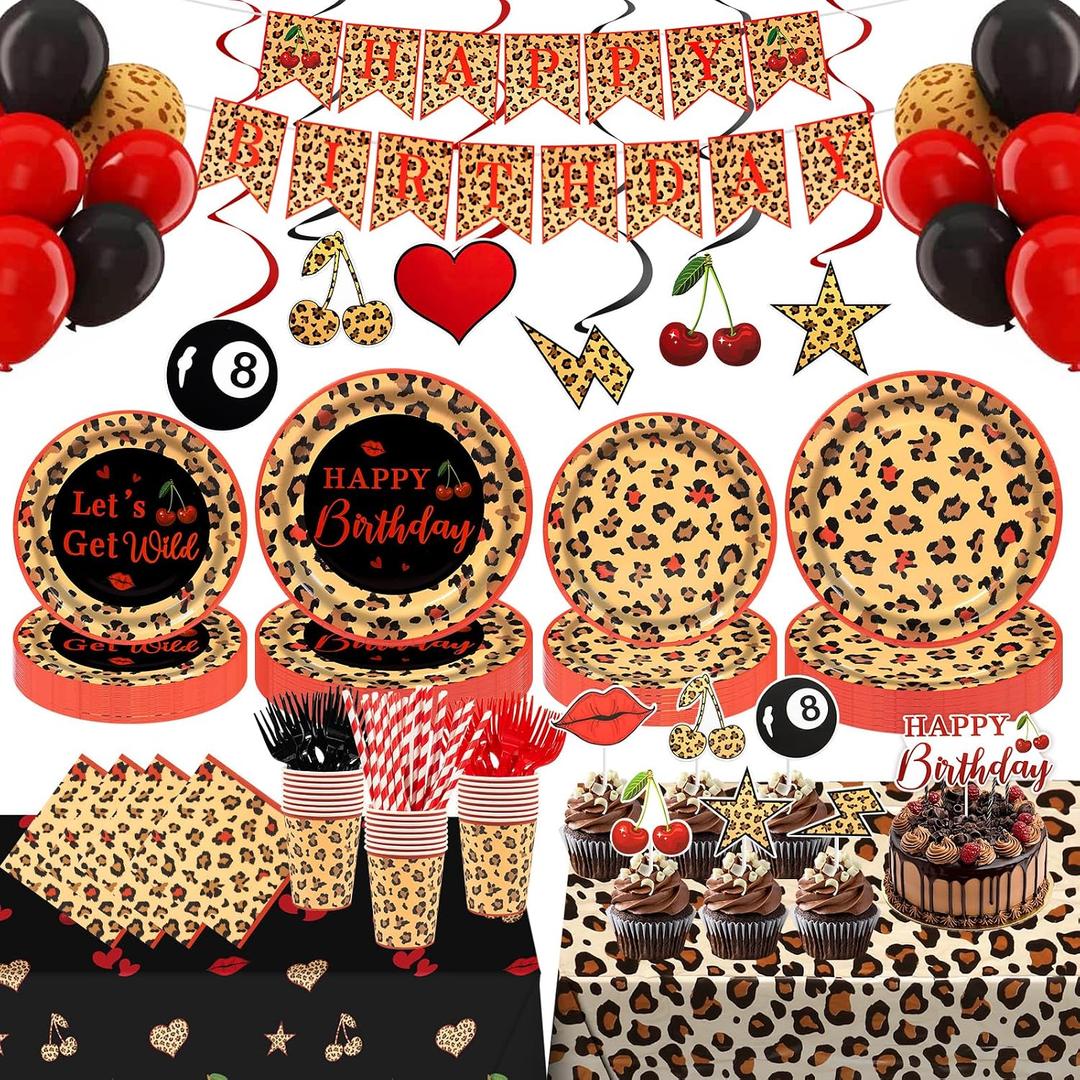 192Pcs Red Cheetah Print Birthday Party Decorations Serves 24
