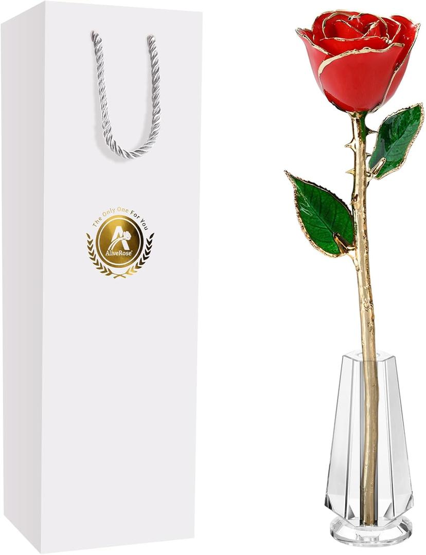 AliveRose Valentines Day Gift for Her Roses, Unique Design Gold Dipped Rose for Anniversary Valentines Mothers Day Birthday Gifts (Red Handmade with Crystal Vase)