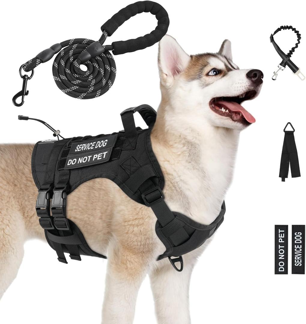 No Pull Tactical Dog Harness for Small Dogs, Escape Proof Molle Dog Vest Harness and Leash Set, Adjustable Military Service Dog Harness with Handle for Medium Large Dogs (Black, M)