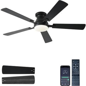 54 inch Ceiling Fans with Lights and Remote, Low Profile Ceiling Fan with Light, Flush Mount, Reversible, 3CCT, Dimmable, Noiseless, Black Ceiling Fan for Bedroom, Indoor/Outdoor Use