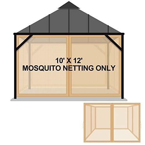 Tatuo Gazebo Universal Replacement Mosquito Netting 10 x 12 ft Outdoor Mesh Net Screen 4 Panel Sidewall Gazebo Curtains, with Zipper for Patio Canopy Porch Garden Camping (Khaki)