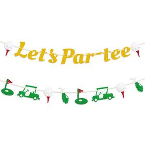 Pre-Strung Golf Themed Birthday Banner, NO-DIY Lets Par-tee Banner Golf Sports Theme Party Decorations for Retirement Baby Shower, Gold, Golf Let's Par-tee