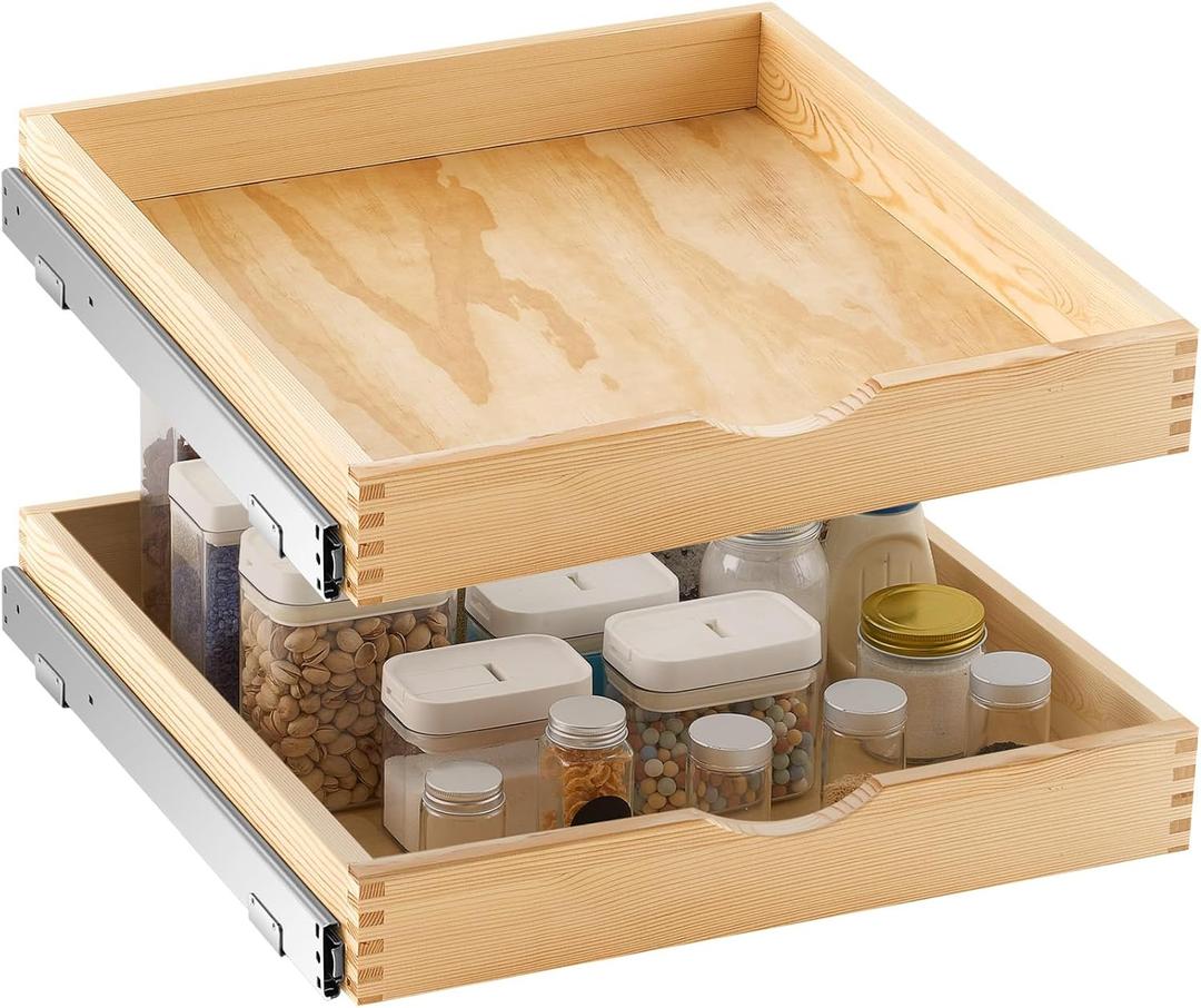 Menkxi 2 Set Pull out Tray Cabinet Organizer Wooden Pull Drawers storage Slide out Pantry Shelf for Base Cabinet Kitchen Gentle Close Fully Assembled Accessories(Wood Color,21'' X 21'' X 3'')