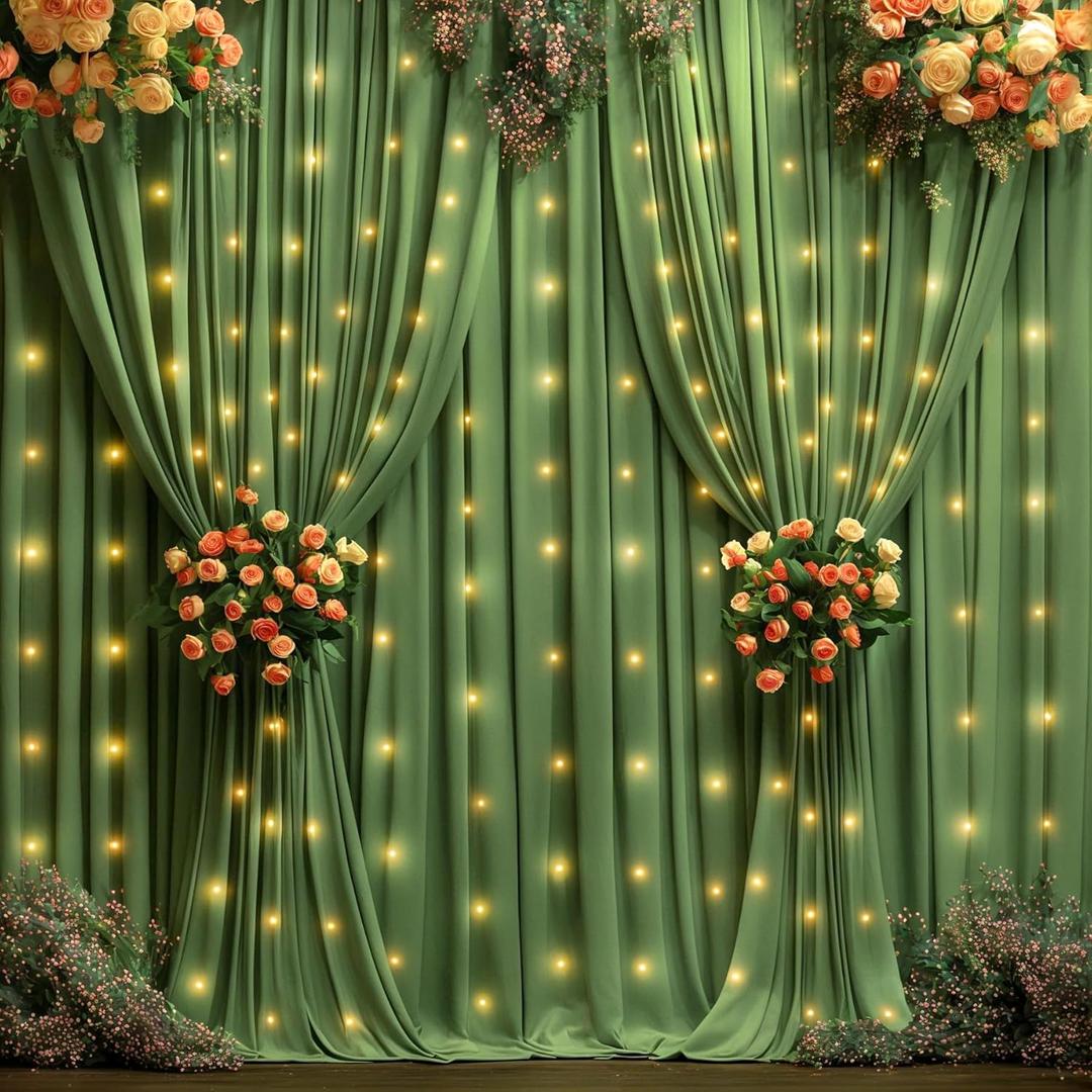 10x10ft Olive Green Backdrop Curtains with Lights Photo Drapes Wrinkle Free Fabric Backdrop Curtain for Wedding Birthday Party Baby Shower Bridal Shower Home Party Background Decorations