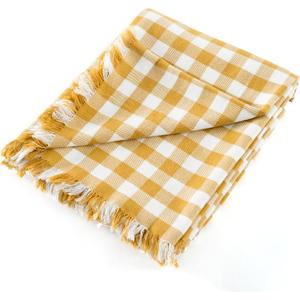 100% Cotton Throw Blanket Plaid Soft Lightweight Cozy Farmhouse Tassels Summer Thin Breathable Throws for Couch Sofa Bed (50" 60" Yellow)