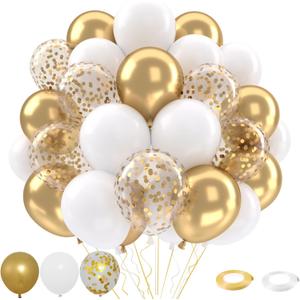 Patimate White and Gold Balloons Set, 50 pcs 12 inch Metallic Gold White Gold Confetti Latex Balloons Kit for Birthday Engagement Wedding Anniversary Party Decorations