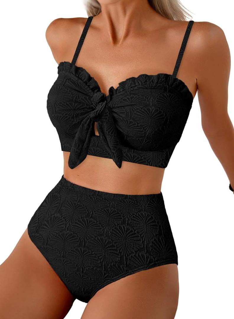 Herseas Women's Seashell Textured Bikini Sets Knotted Front 2 Piece Swimsuits Ruffle Trim Bathing Suits (M)