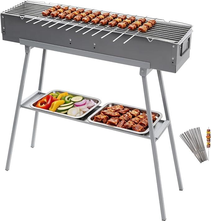 Portable Charcoal Grill with 36Pcs 14" Stainless Steel Skewers, Heavy Duty BBQ Grill with Folding Legs & 31.6x7.1" Cooking Area, Kebab Grill for Outdoor, Camping, Party, Backyard & Picnic