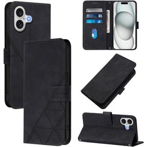 for iPhone 17 Leather Case, Geometric Patterns Wallet Case with 3 Card Slots, Magnetic Closure Kickstand Flip Phone Case Shockproof Cover, Black