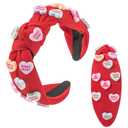Holiday Heart Candy Embellished Red Headband Conversation Love Heart Charm Knotted Headband Non Slip Wide Top Knot Fashion Hairband Hair Accessories for Women (red)