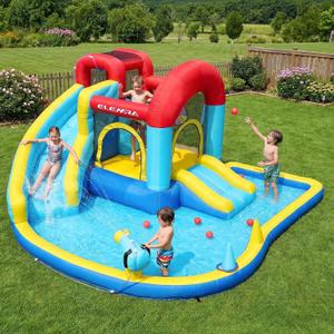 Inflatable Water Slide, 9 in 1 Kids Bounce House with 2 Slides, Pool&Trampoline, Fun Dart Game&Ring-toss Game, Climbing Walls, Bounce House with Blower for Outdoor Indoor, 108.3*106.3*56.3in