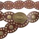 Wide Disc Belt for Women - PU Leather Hollow Out Round Belts Vintage Western Cowboy Cowgirl Waist Belt (Dark Brown)