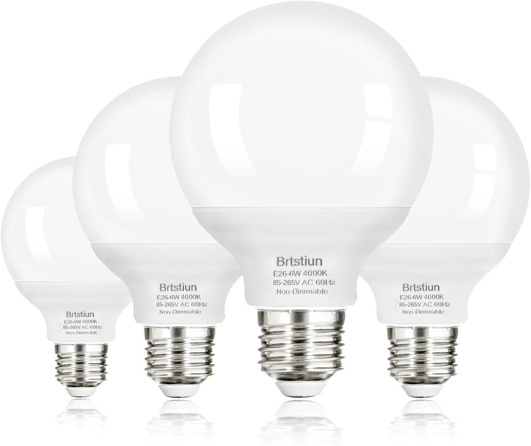 G25 LED Light Bulbs, Round Vanity Light Bulbs for Bathroom, 40W Equivalent, Cool White 4000K, E26 Base Globe Light Bulb, 600LM, Non-Dimmable, 4-Pack