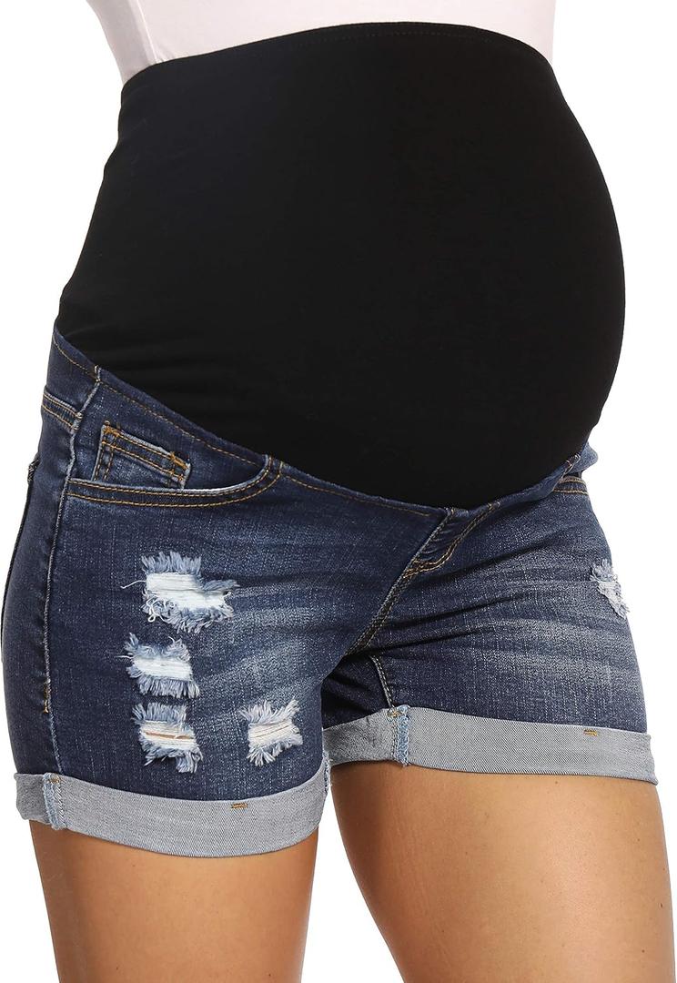V VOCNI Maternity Denim Shorts Women's Summer High Waist Distressed Cuffed Hem Casual Denim Jean Shorts (XXL)