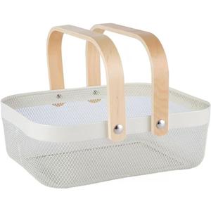 AJIODA Metal Mesh Steel Basket, Storage Organizer Basket Garden Harvest Basket Multi-functional Kitchen Fruit Baskets Bin with Wooden Handle for Bathroom Picnic Shopping Decor Cabinet Home, White