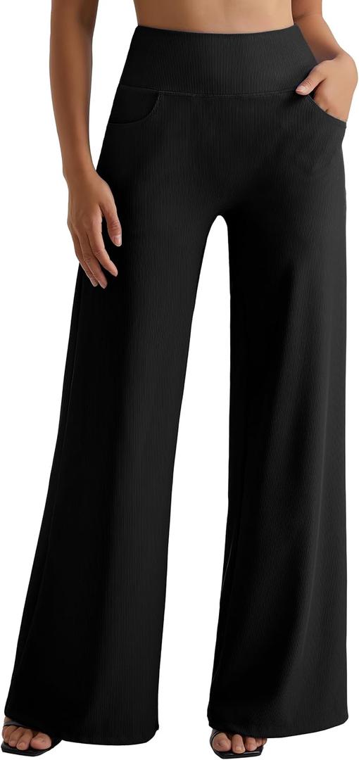 MOOSLOVER Women Wide Leg Yoga Pants with Pockets High Waisted Casual Lounge Pants Comfy Ribbed Loose Pants(S,Black-with Pockets) (Black, S)