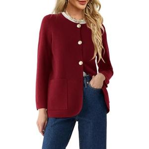Langwyqu Womens Crew Neck Button Down Cardigan Sweaters Blazer Casual Long Sleeve Knit Solid Sweater with Pockets (Medium, Wine Red)