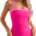 SUUKSESS Women Sexy Tummy Control One Piece Swimsuit Halter Retro Bathing Suit (Pink, XL)
