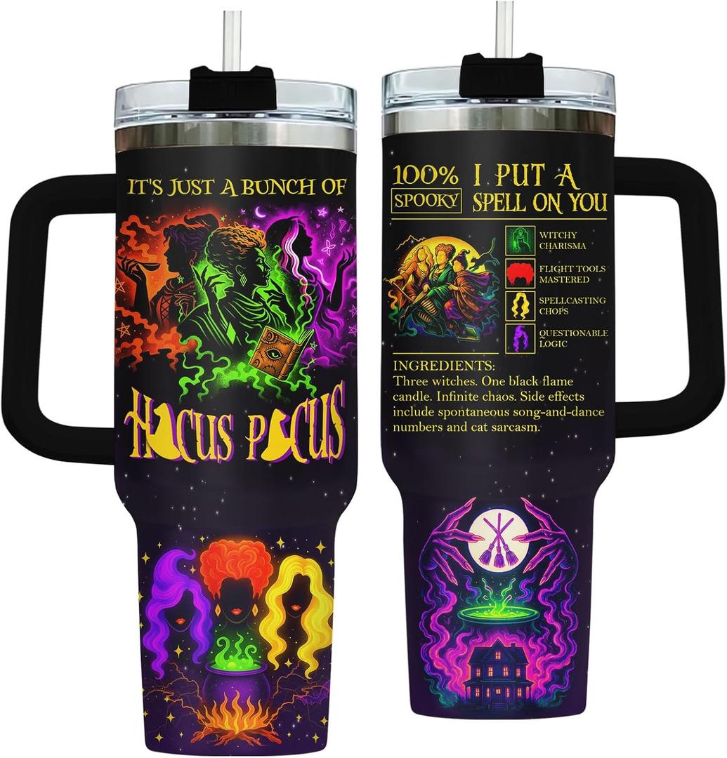 Hocus Tumbler 40oz with Handle and Straw  Funny Halloween Witches Cup  Stainless Steel Insulated Travel Mug for Women, Spooky Gifts for Fans (Pocus40)