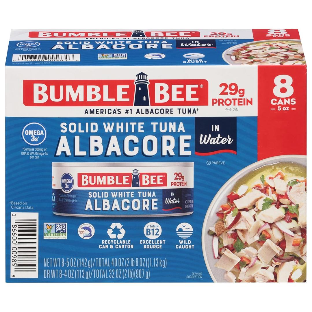 Bumble Bee Solid White Albacore Tuna in Water, 5 oz Can (Pack of 8) - Wild Caught Tuna - 29g Protein per Serving, High in Omega-3s - Non-GMO Project Verified, Gluten Free, Kosher (EXP 03/10/29)