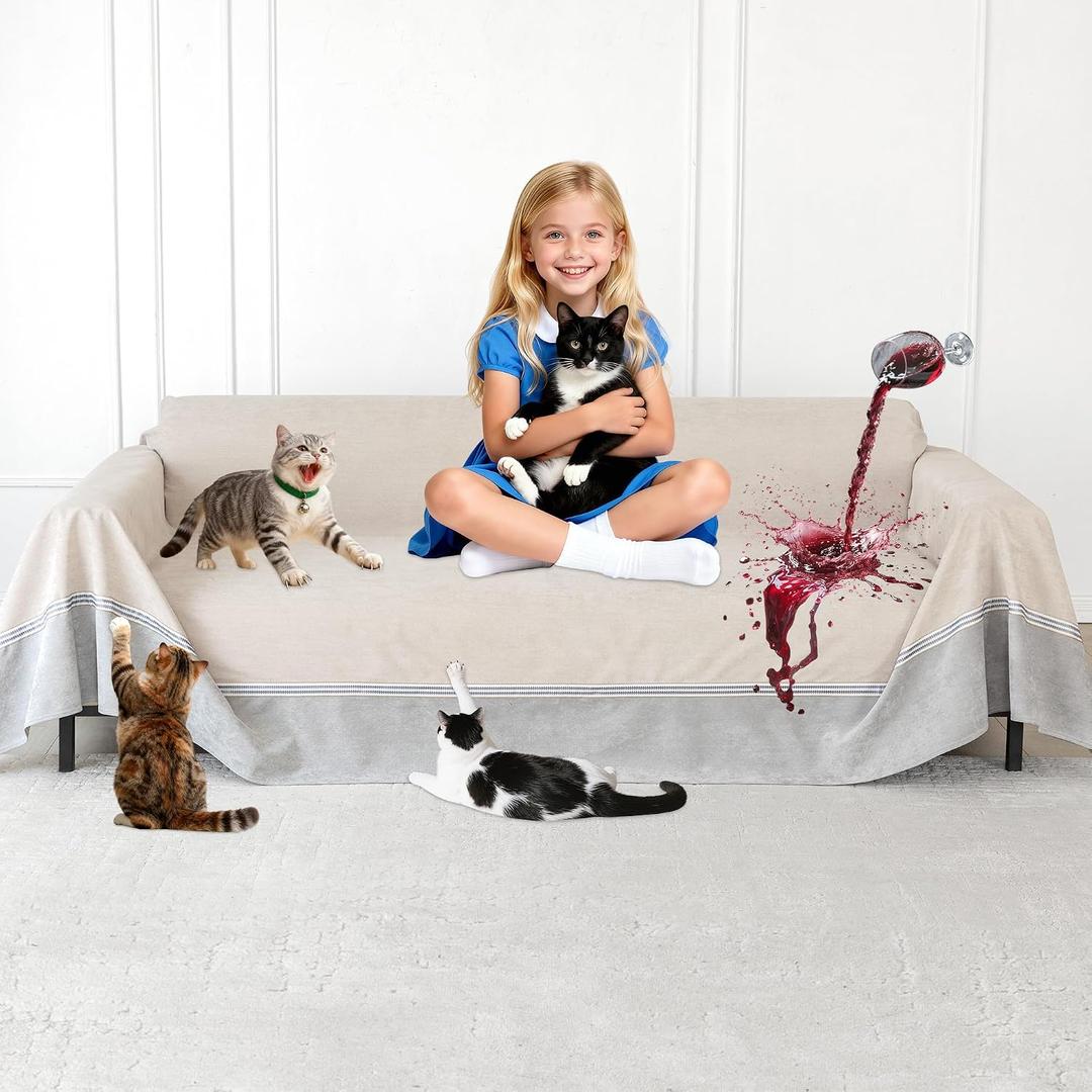 Living Room High Stretch Sofa Cover Pets Dogs Friendly, Cat Scratch Furniture Protector - Anti-Slip, Waterproof Sofa Cover to Keep Cats Off, Anti-Scratch Couch Cover for Pets and Kids 150"X91"Khaki