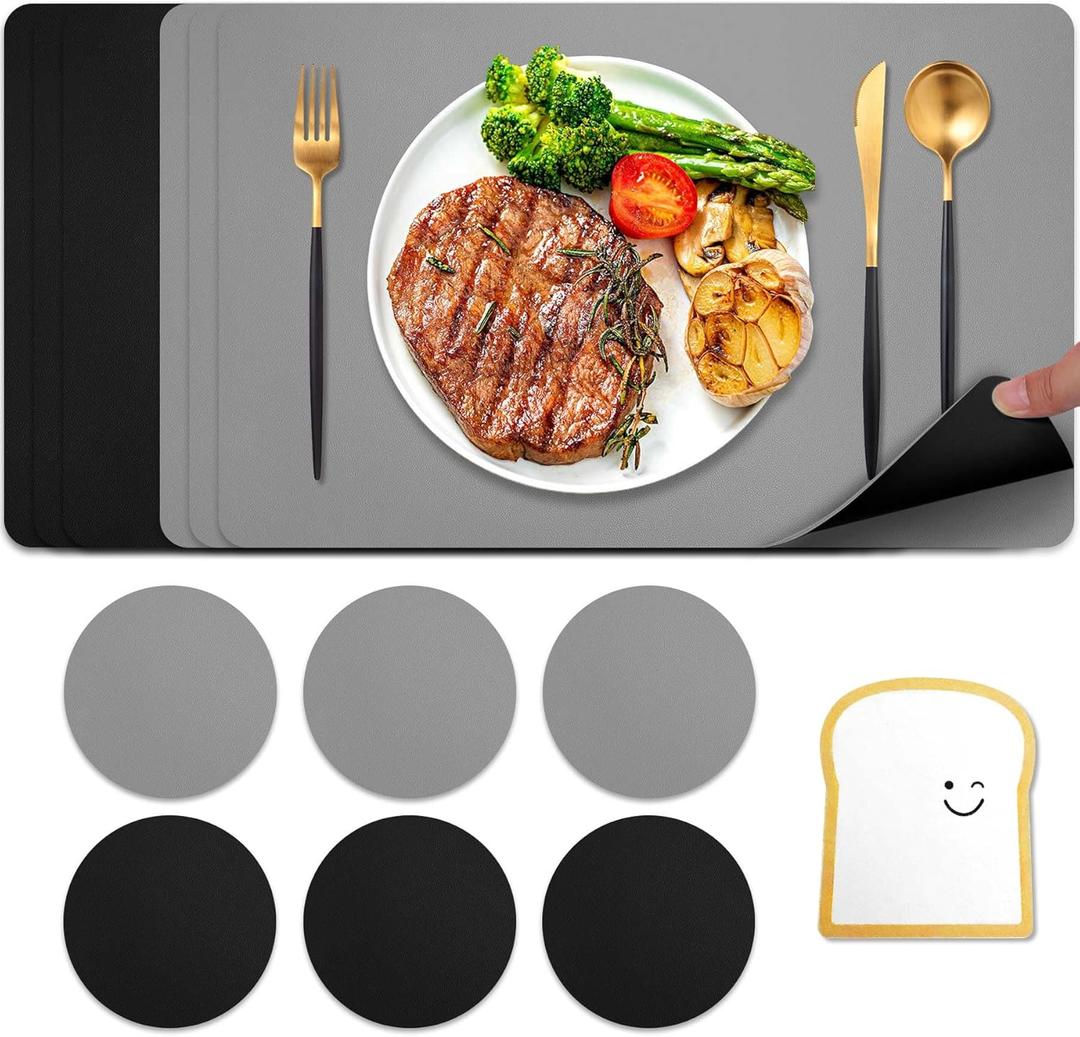 Faux Leather Placemats Set of 6,Dual Sided Table Mats,Waterproof Wipeable Washable PU Table Mats,Heat Resistant Dual Sided Two Color Mats for Kitchen/Dining/Party,6 Coaster, Black Silver