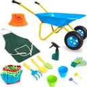 Kids Wheelbarrow Gardening Tool Set,Toddler Metal Wheelbarrow Outdoor Toy for Kids Dig Sand/Dirt,Shovel Snow,Leaves (Blue Set)