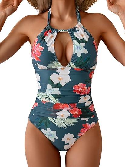 B2prity Women's One Piece Swimsuits Tummy Control Front Cross Bathing Suits Tie Back Slimming V Neck Swimwear L