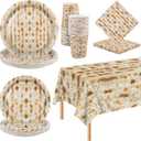Kochorie 97 Pieces Passover Matzoh Tableware Set for 24 Guests Matzoh Plastic Tablecloth Paper Plates Napkins Cups Disposable Passover Dinnerware Set for Seder Table Decorations