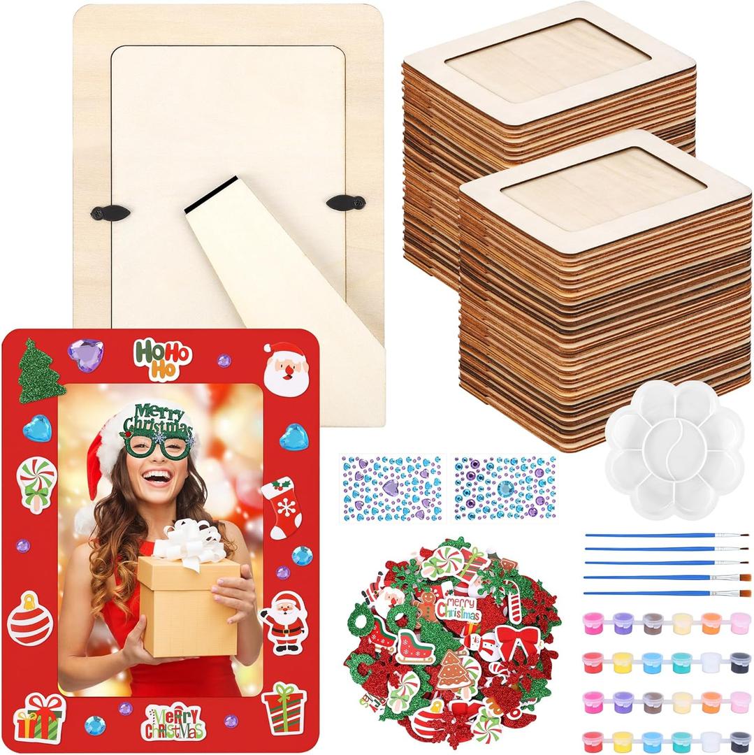Fovths 24 Packs Christmas Picture Frame Craft Kit Wooden Photo Frames Painting Set with 150 Foam Stickers Rhinestone Paint and Brushes Holiday Gifts Arts & Craft Activity Supplies