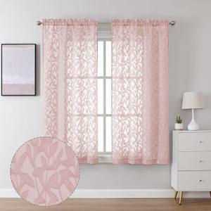 Lecloud Leia Clip Leaf Pink Sheer Curtains 63 Inch Length 2 Panels, Dual Rod Pockets Light Filtering Voile Blush Curtain for Living Room Bedroom, Farmhouse Jacquard Textured Short Drapes, 38W x 63L