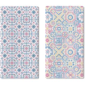 Pink Blue Vintage Abstract Flower Tile Kitchen Dish Towels Set of 2, Colorful Floral Geometric Modern Drying Hand Towel Baking Cooking Cloth, Aesthetic Bathroom Home Decoration 18'' x 26''