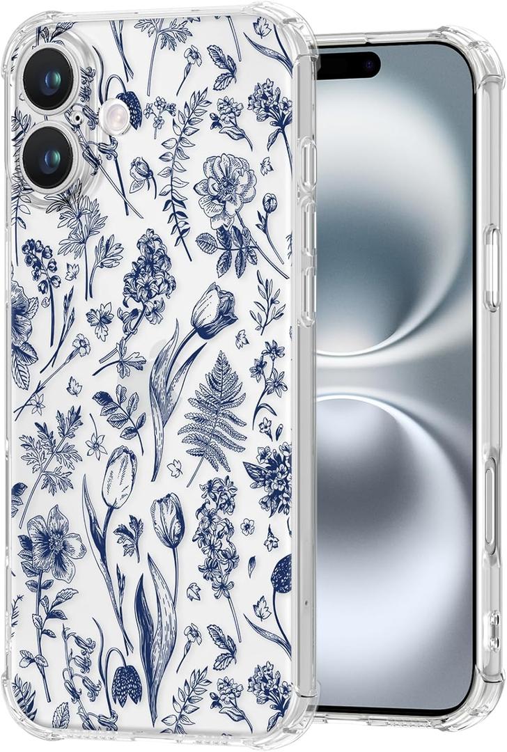 Buleens for iPhone 16 Case 6.1 Inch - Clear Flexible TPU Women Cute Girls Protection Phone Cover Slim Fit Shockproof Girly Pretty Fashion Aesthetic Design Pattern case for iPhone 16, Flower