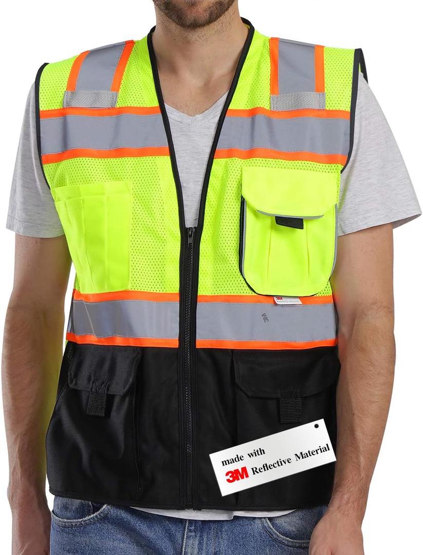 Dib Safety Vest Reflective with Pockets and Zipper, High Visibility Mesh ANSI Class 2, Made with 3M Reflective Tape, Yellow and Black Large