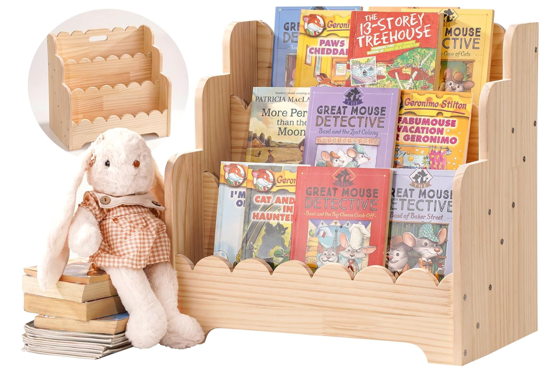 Kids Bookshelf Storage 3Tier, Book Case for Kids Rooms, Scalloped Wooden Montessori Bookcase for Toddlers & Baby, Small Nursery & Classroom Book Shelves, Solid Wood Organizer