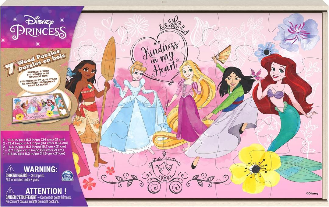 Spin Master Games, Disney Princess Puzzles, 7-Pack, Jigsaw Kids Puzzles, 12, 16, & 24 Pieces, Featuring Ariel, Tiana, Rapunzel, Pocahontas, Storage Tray, for Ages 4 & Up