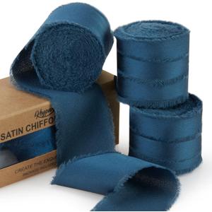 Keypan Dark Blue Ribbon for Gift Wrapping, Silk Satin Chiffon Frayed Fabric Ribbons for Crafts Flower Bouquets Wedding Invitation Decor Baby Shower 1-1/2 Inch x 21 Yd