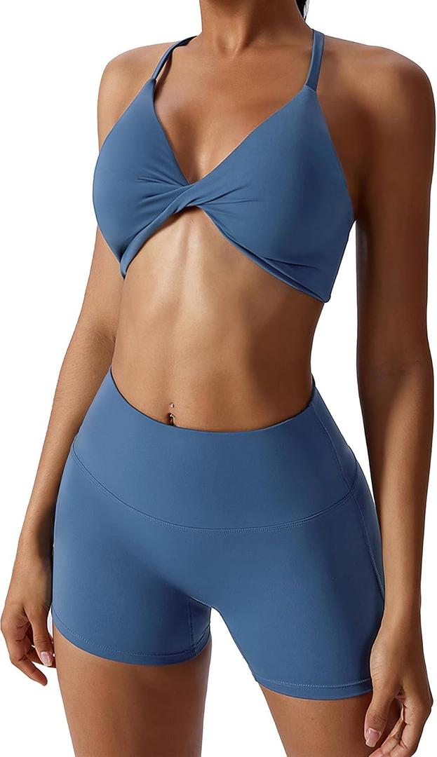 ABOCIW Workout Sets for Women 2 Piece Twist Front Halter Sports Bras High Waist Biker Shorts Exercise Gym Yoga Outfit (Blue, S)