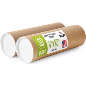4" x 12" Reinforced Kraft Paper Mailing Tube, Pack of 2 Tubes with 4 Caps – Secure USPS Approved Poster Tube – Made in USA Cardboard Tube for Shipping and Storing Posters, Prints, Artwork