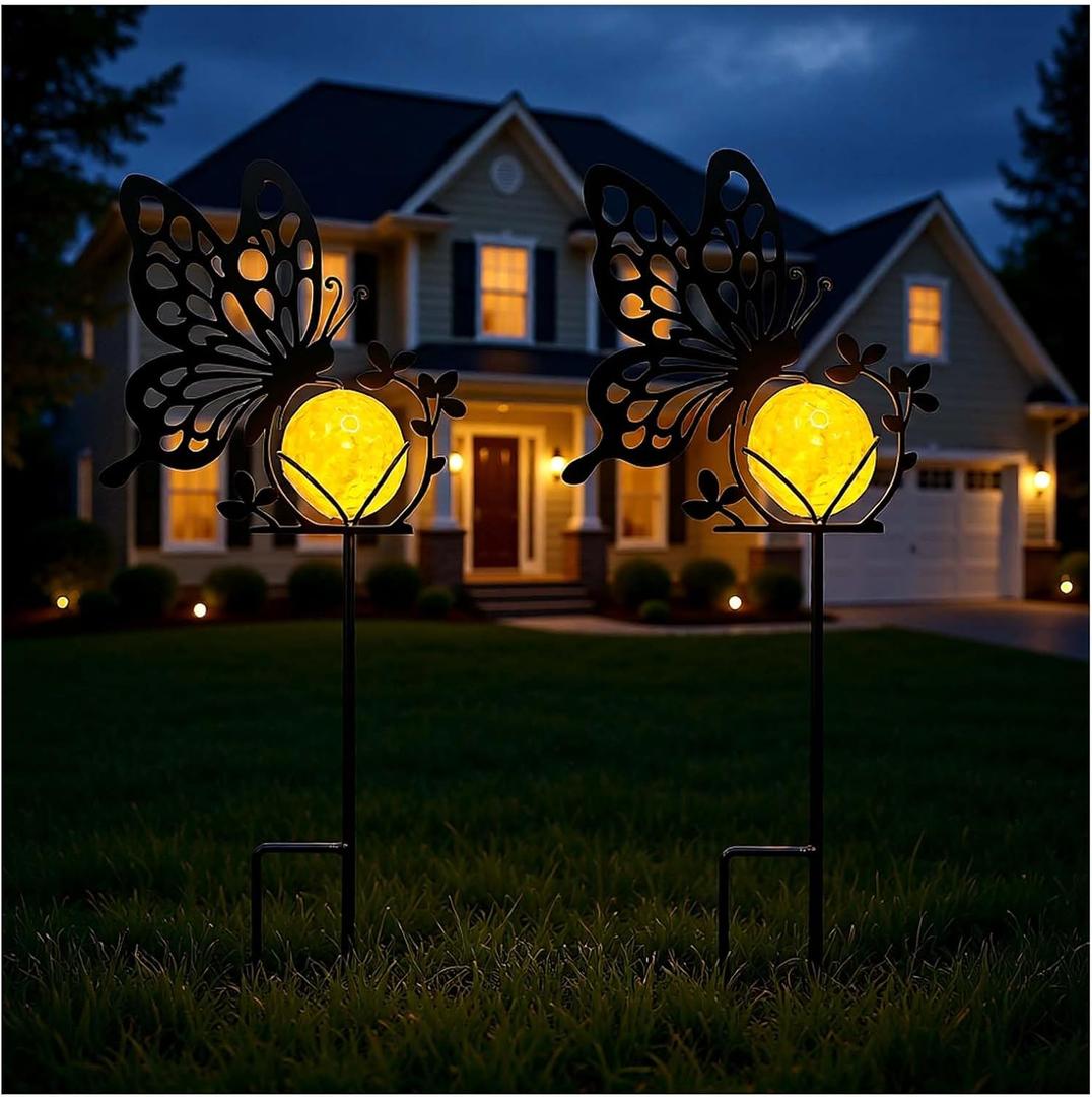 Ptxbeemyd Butterfly Solar Lights Outdoor Decorations, 2 Pack Metal Iron Solar Stake Lights for Yard, Garden, Lawn Decor