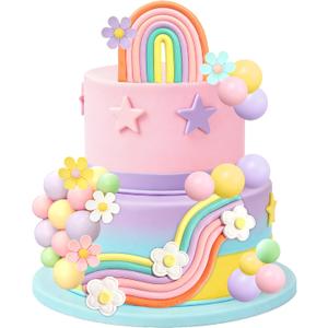 2 x Rainbow Cake Topper Colorful Balls Blue Dog Cake Decorations Daisy Flower Retro Hippie Groovy Cake Topper for Baby Shower Birthday Party Supplies