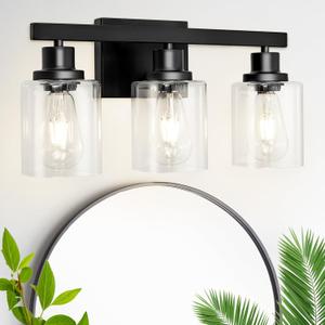 3-Light Bathroom Light Fixtures Over Mirror, Modern Matte Black Vanity Lights Fixtures with Square Clear Glass Shade, Bathroom Wall Lamp Sconces for Mirror Bedroom, Living Room Hallway