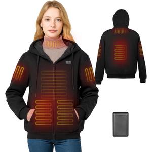 Heated Hoodie for Women with Fleece Lining 7.4V 16000mAh Battery Women Heated Sweatshirt with Dual-Zone Heating (US, Alpha, Large, Regular, Regular) Dark Black